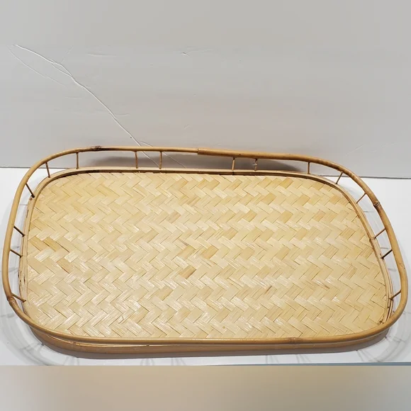 Mid Century 19” Rattan Serving Tray Vintage Barware Decor - Picture 5 of 5